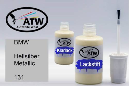 BMW, Hellsilber Metallic, 131: 20ml Lackstift + 20ml Klarlack - Set, von ATW Autoteile West.